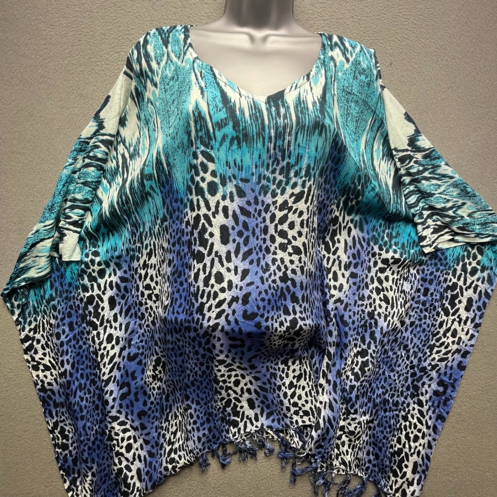 Island Planet One Size Blue‎ Animal Print Rayon Fringe Kaftan Beach Cover Up